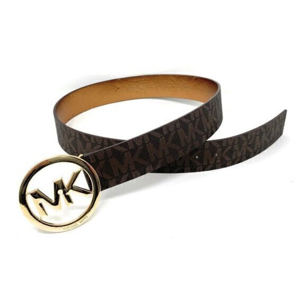 Michael Kors Women Signature Monogram MK Logo Round Buckle Belt Brown Gold L